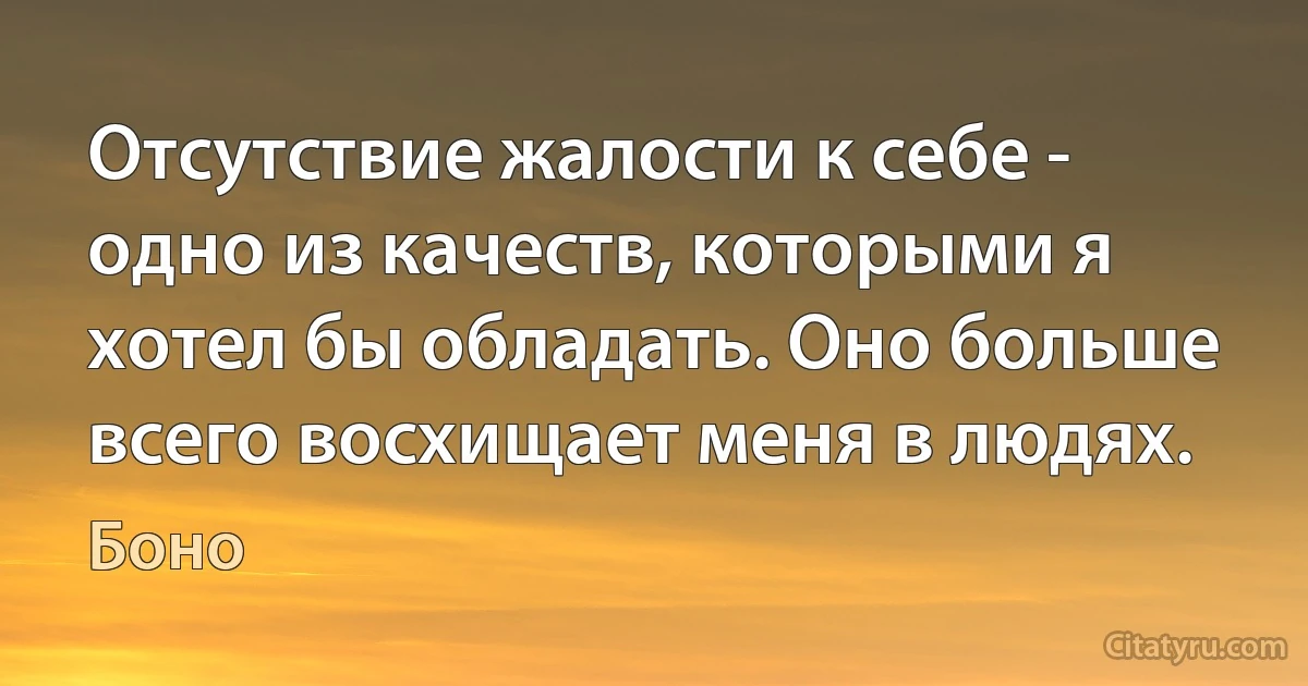 Отсутствие жалости к себе - одно из качеств, которыми я хотел бы обладать. Оно больше вceгo восхищает меня в людях. (Боно)