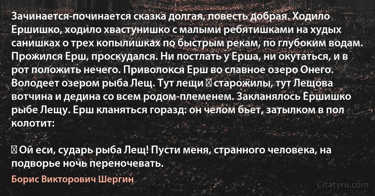 Зачинается-починается сказка долгая, повесть добрая. Ходило Ершишко, ходило хвастунишко с малыми ребятишками на худых санишках о трех копылишках по быстрым рекам, по глубоким водам. Прожился Ерш, проскудался. Ни постлать у Ерша, ни окутаться, и в рот положить нечего. Приволокся Ерш во славное озеро Онего. Володеет озером рыба Лещ. Тут лещи ― старожилы, тут Лещова вотчина и дедина со всем родом-племенем. Закланялось Ершишко рыбе Лещу. Ерш кланяться горазд: он челом бьет, затылком в пол колотит:

― Ой еси, сударь рыба Лещ! Пусти меня, странного человека, на подворье ночь переночевать. (Борис Викторович Шергин)