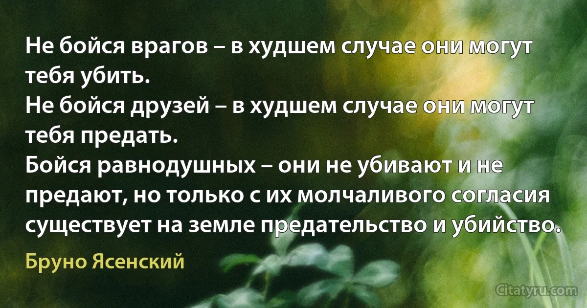 Не бойся врагов – в худшем случае они могут тебя убить.
Не бойся друзей – в худшем случае они могут тебя предать.
Бойся равнодушных – они не убивают и не предают, но только с их молчаливого согласия существует на земле предательство и убийство. (Бруно Ясенский)