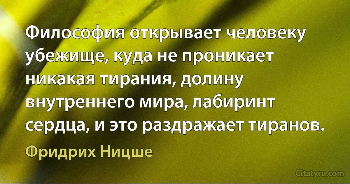 Философия открывает человеку убежище, куда не проникает никакая тирания, долину внутреннего мира, лабиринт сердца, и это раздражает тиранов. (Фридрих Ницше)