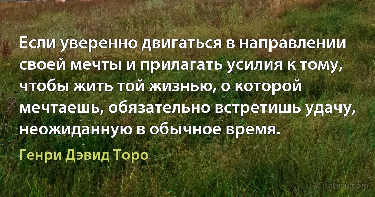 Если уверенно двигаться в направлении своей мечты и прилагать усилия к тому, чтобы жить той жизнью, о которой мечтаешь, обязательно встретишь удачу, неожиданную в обычное время. (Генри Дэвид Торо)