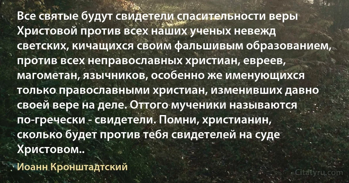 Все святые будут свидетели спасительности веры Христовой против всех наших ученых невежд светских, кичащихся своим фальшивым образованием, против всех неправославных христиан, евреев, магометан, язычников, особенно же именующихся только православными христиан, изменивших давно своей вере на деле. Оттого мученики называются по-гречески - свидетели. Помни, христианин, сколько будет против тебя свидетелей на суде Христовом.. (Иоанн Кронштадтский)