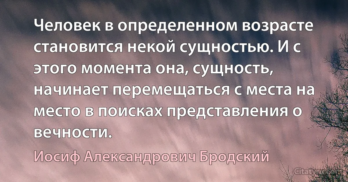 Человек в определенном возрасте становится некой сущностью. И с этого момента она, сущность, начинает перемещаться с места на место в поисках представления о вечности. (Иосиф Александрович Бродский)