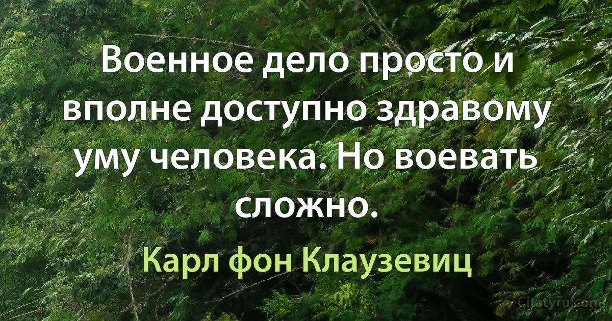 Военное дело просто и вполне доступно здравому уму человека. Но воевать сложно. (Карл фон Клаузевиц)