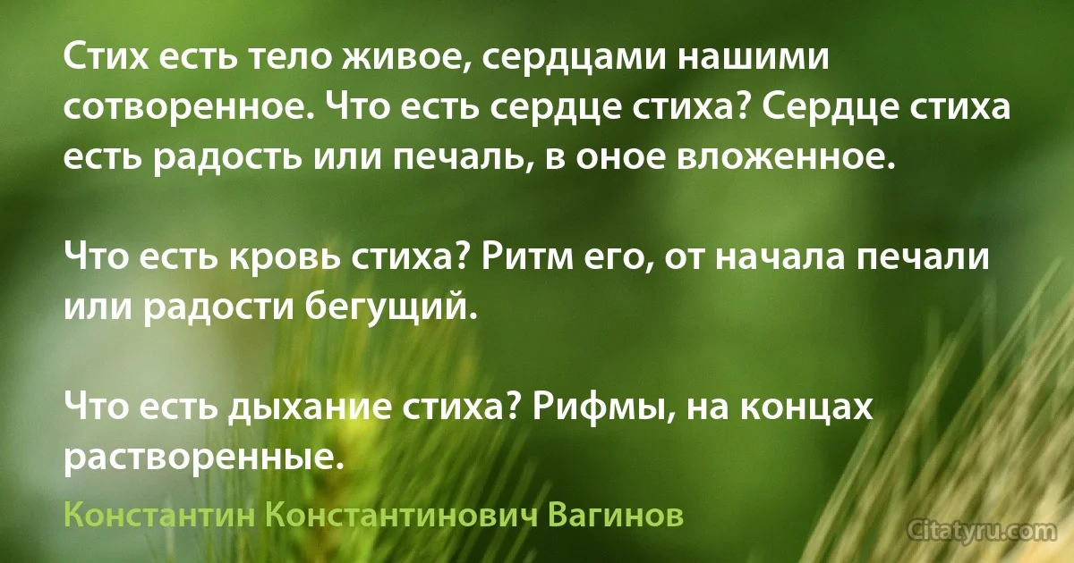 Стих есть тело живое, сердцами нашими сотворенное. Что есть сердце стиха? Сердце стиха есть радость или печаль, в оное вложенное.

Что есть кровь стиха? Ритм его, от начала печали или радости бегущий.

Что есть дыхание стиха? Рифмы, на концах растворенные. (Константин Константинович Вагинов)