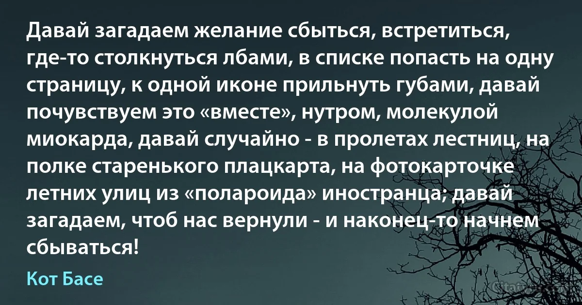 Давай загадаем желание сбыться, встретиться, где-то столкнуться лбами, в списке попасть на одну страницу, к одной иконе прильнуть губами, давай почувствуем это «вместе», нутром, молекулой миокарда, давай случайно - в пролетах лестниц, на полке старенького плацкарта, на фотокарточке летних улиц из «полароида» иностранца; давай загадаем, чтоб нас вернули - и наконец-то начнем сбываться! (Кот Басе)