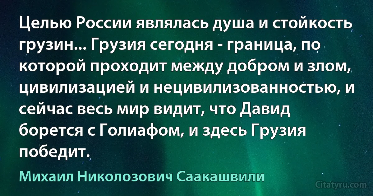 Целью России являлась душа и стойкость грузин... Грузия сегодня - граница, по которой проходит между добром и злом, цивилизацией и нецивилизованностью, и сейчас весь мир видит, что Давид борется с Голиафом, и здесь Грузия победит. (Михаил Николозович Саакашвили)