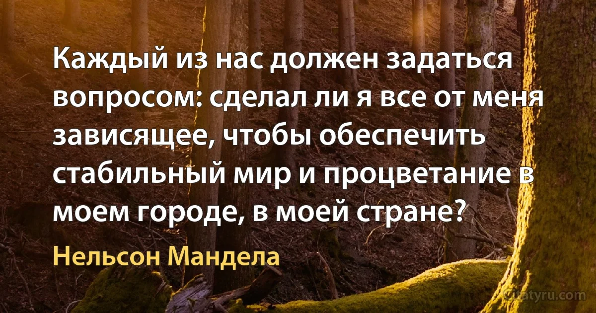 Каждый из нас должен задаться вопросом: сделал ли я все от меня зависящее, чтобы обеспечить стабильный мир и процветание в моем городе, в моей стране? (Нельсон Мандела)