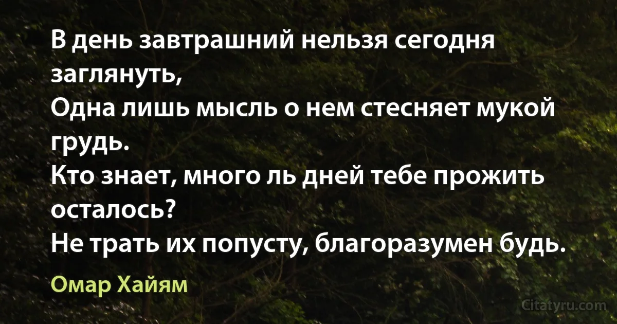 В день завтрашний нельзя сегодня заглянуть,
Одна лишь мысль о нем стесняет мукой грудь.
Кто знает, много ль дней тебе прожить осталось?
Не трать их попусту, благоразумен будь. (Омар Хайям)