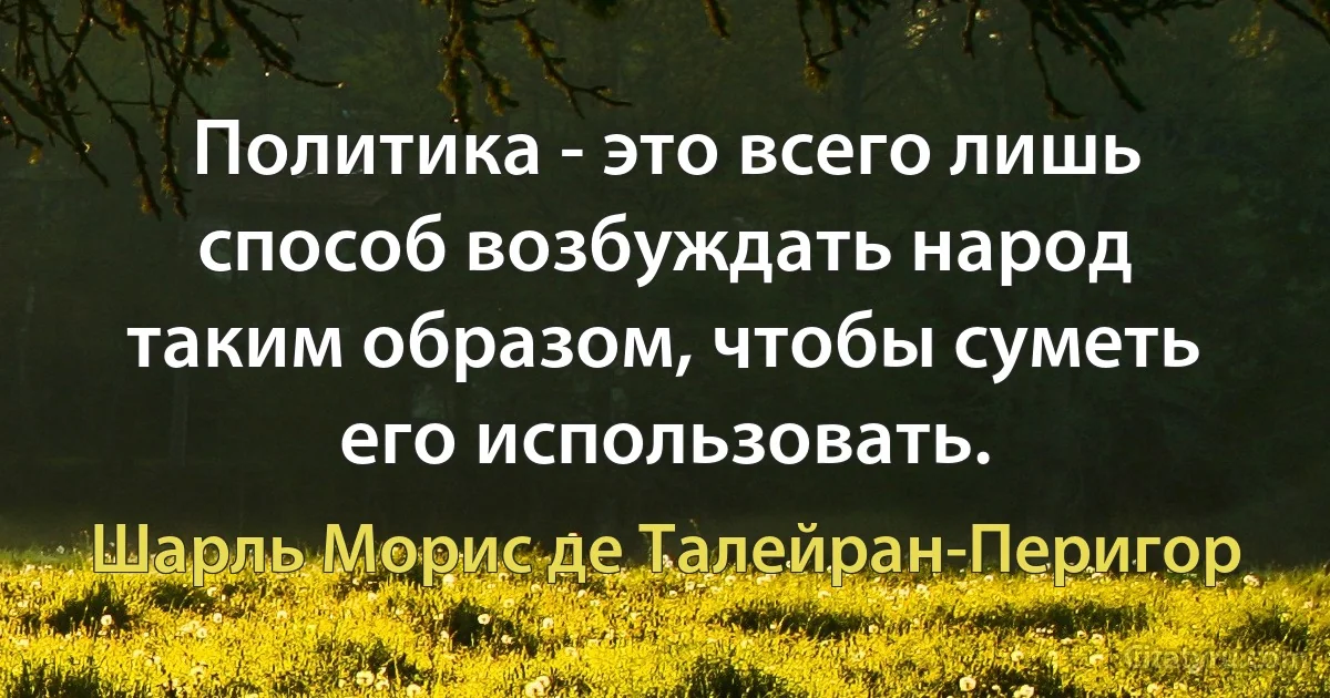 Политика - это всего лишь способ возбуждать народ таким образом, чтобы суметь его использовать. (Шарль Морис де Талейран-Перигор)