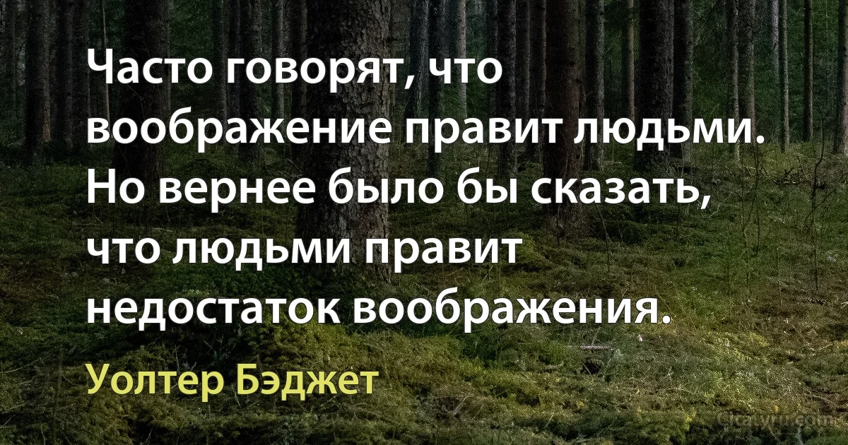 Часто говорят, что воображение правит людьми. Но вернее было бы сказать, что людьми правит недостаток воображения. (Уолтер Бэджет)