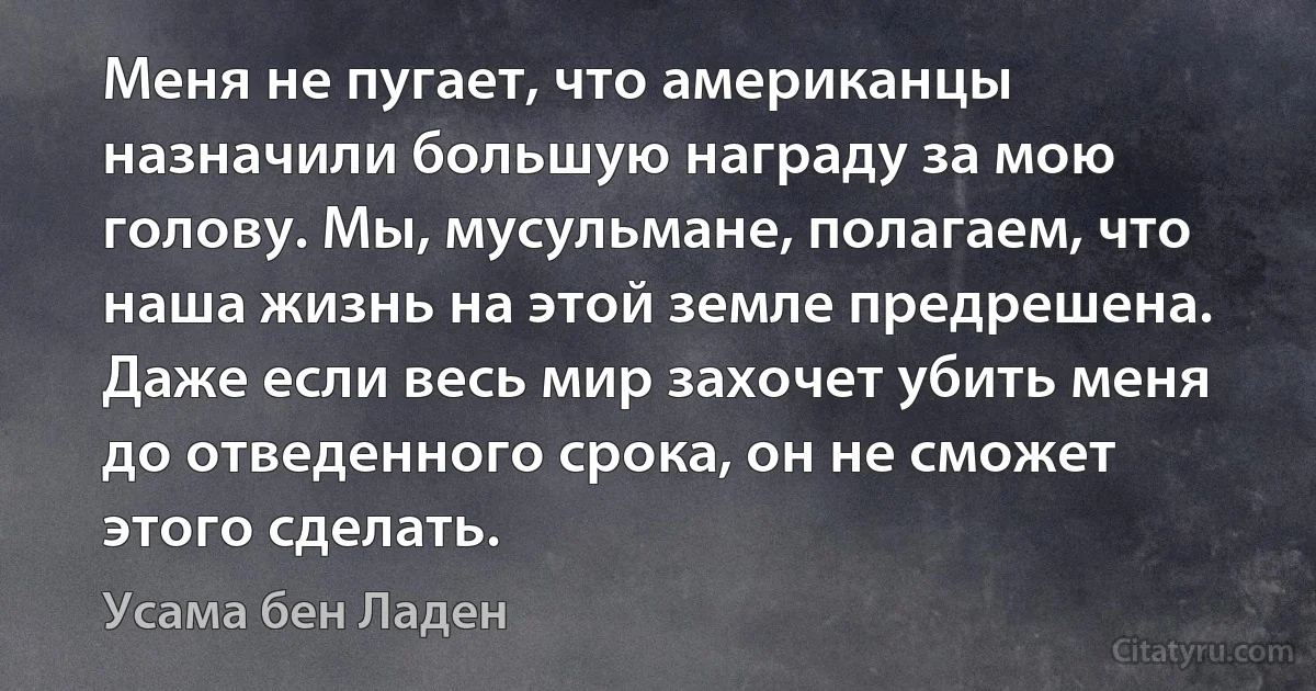 Меня не пугает, что американцы назначили большую награду за мою голову. Мы, мусульмане, полагаем, что наша жизнь на этой земле предрешена. Даже если весь мир захочет убить меня до отведенного срока, он не сможет этого сделать. (Усама бeн Ладен)