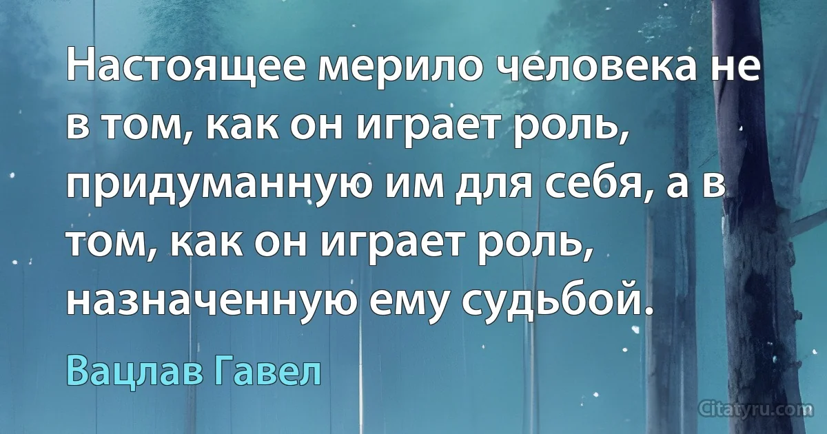 Настоящее мерило человека не в том, как он играет роль, придуманную им для себя, а в том, как он играет роль, назначенную ему судьбой. (Вацлав Гавел)