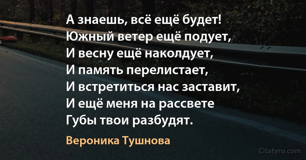 А знаешь, всё ещё будет!
Южный ветер ещё подует,
И весну ещё наколдует,
И память перелистает,
И встретиться нас заставит,
И ещё меня на рассвете
Губы твои разбудят. (Вероника Тушнова)