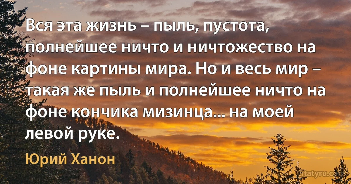 Вся эта жизнь – пыль, пустота, полнейшее ничто и ничтожество на фоне картины мира. Но и весь мир – такая же пыль и полнейшее ничто на фоне кончика мизинца... на моей левой руке. (Юрий Ханон)