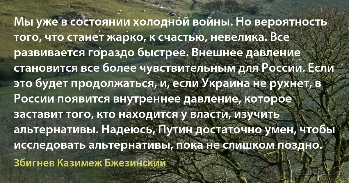 Мы уже в состоянии холодной войны. Но вероятность того, что станет жарко, к счастью, невелика. Все развивается гораздо быстрее. Внешнее давление становится все более чувствительным для России. Если это будет продолжаться, и, если Украина не рухнет, в России появится внутреннее давление, которое заставит того, кто находится у власти, изучить альтернативы. Надеюсь, Путин достаточно умен, чтобы исследовать альтернативы, пока не слишком поздно. (Збигнев Казимеж Бжезинский)