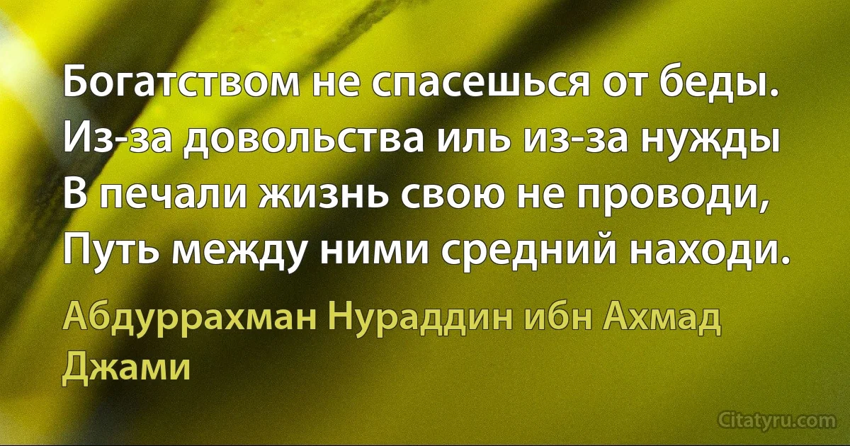 Богатством не спасешься от беды.
Из-за довольства иль из-за нужды
В печали жизнь свою не проводи,
Путь между ними средний находи. (Абдуррахман Нураддин ибн Ахмад Джами)