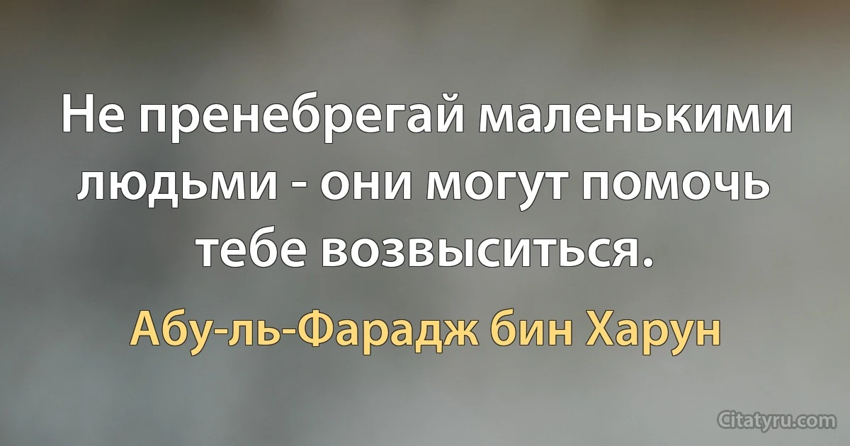 Не пренебрегай маленькими людьми - они могут помочь тебе возвыситься. (Абу-ль-Фарадж бин Харун)