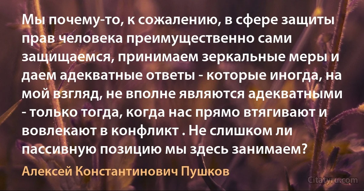 Мы почему-то, к сожалению, в сфере защиты прав человека преимущественно сами защищаемся, принимаем зеркальные меры и даем адекватные ответы - которые иногда, на мой взгляд, не вполне являются адекватными - только тогда, когда нас прямо втягивают и вовлекают в конфликт . Не слишком ли пассивную позицию мы здесь занимаем? (Алексей Константинович Пушков)