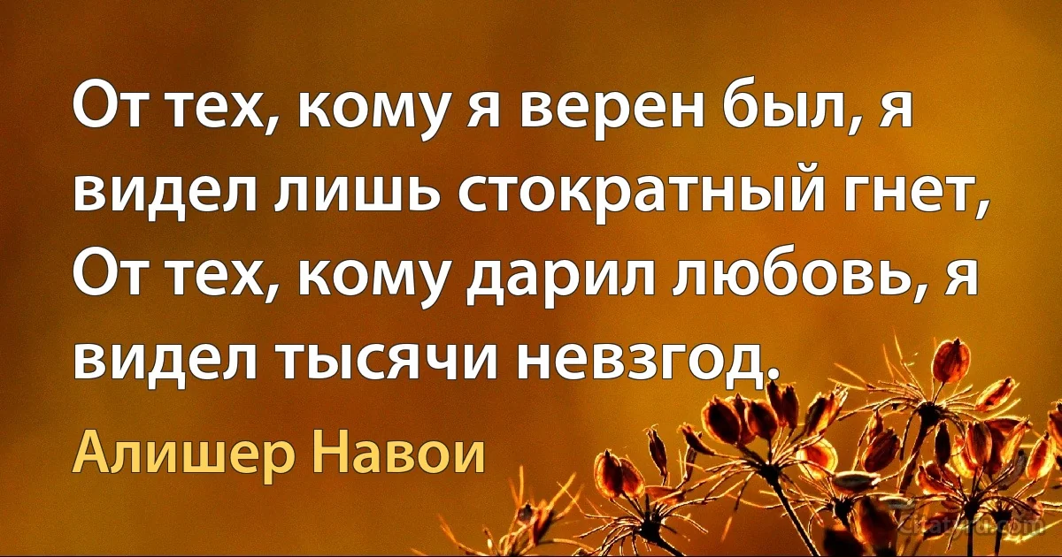 От тех, кому я верен был, я видел лишь стократный гнет,
От тех, кому дарил любовь, я видел тысячи невзгод. (Алишер Навои)