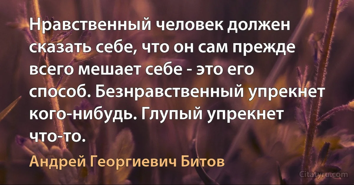 Нравственный человек должен сказать себе, что он сам прежде всего мешает себе - это его способ. Безнравственный упрекнет кого-нибудь. Глупый упрекнет что-то. (Андрей Георгиевич Битов)