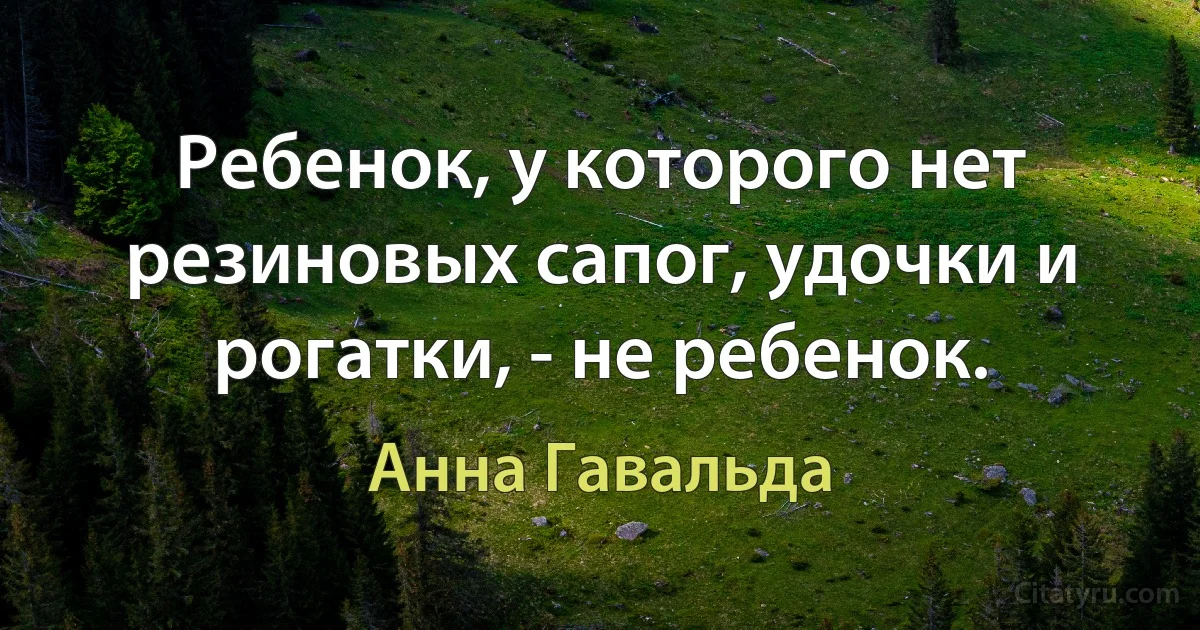 Ребенок, у которого нет резиновых сапог, удочки и рогатки, - не ребенок. (Анна Гавальда)