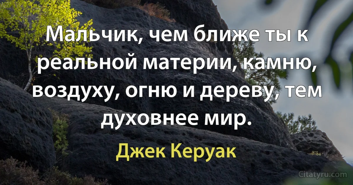 Мальчик, чем ближе ты к реальной материи, камню, воздуху, огню и дереву, тем духовнее мир. (Джек Керуак)