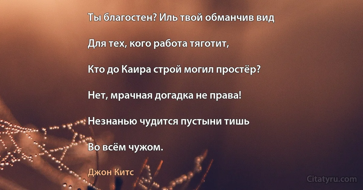 Ты благостен? Иль твой обманчив вид

Для тех, кого работа тяготит,

Кто до Каира строй могил простёр?

Нет, мрачная догадка не права!

Незнанью чудится пустыни тишь

Во всём чужом. (Джон Китс)