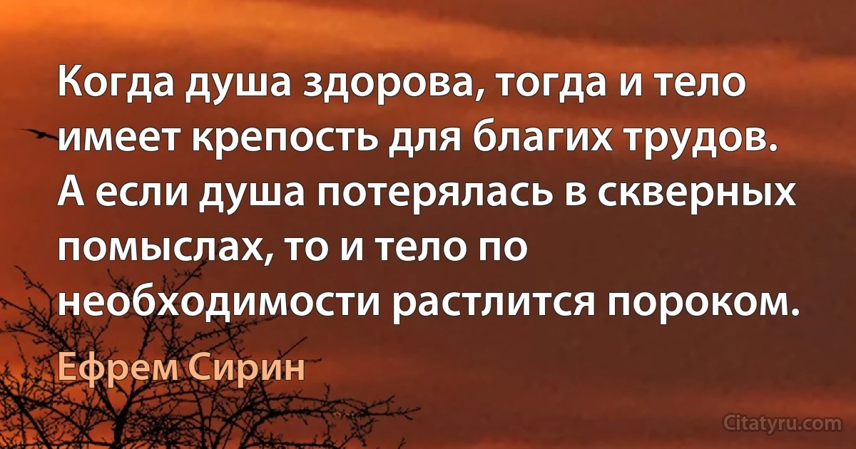 Когда душа здорова, тогда и тело имеет крепость для благих трудов. А если душа потерялась в скверных помыслах, то и тело по необходимости растлится пороком. (Ефрем Сирин)