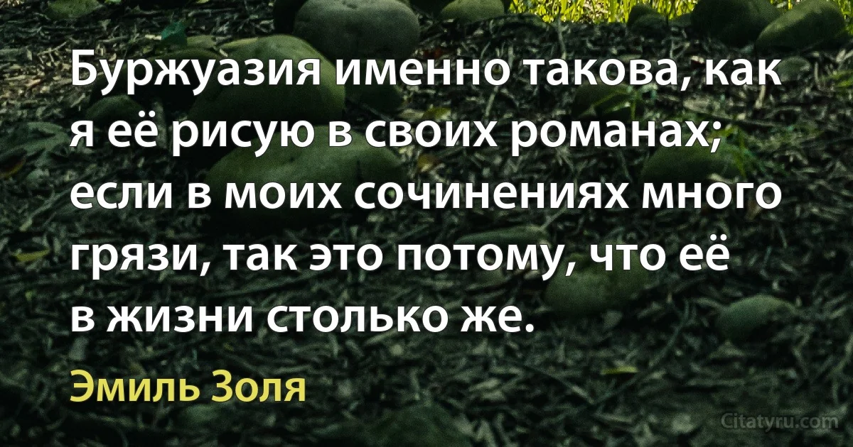 Буржуазия именно такова, как я её рисую в своих романах; если в моих сочинениях много грязи, так это потому, что её в жизни столько же. (Эмиль Золя)