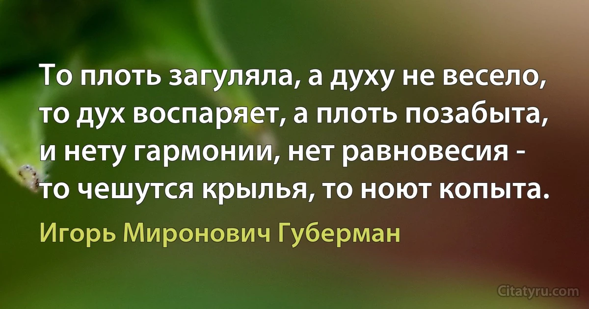 То плоть загуляла, а духу не весело,
то дух воспаряет, а плоть позабыта,
и нету гармонии, нет равновесия -
то чешутся крылья, то ноют копыта. (Игорь Миронович Губерман)