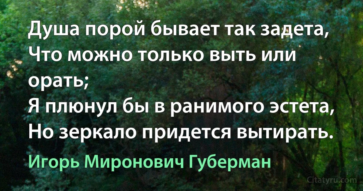 Душа порой бывает так задета,
Что можно только выть или орать;
Я плюнул бы в ранимого эстета,
Но зеркало придется вытирать. (Игорь Миронович Губерман)