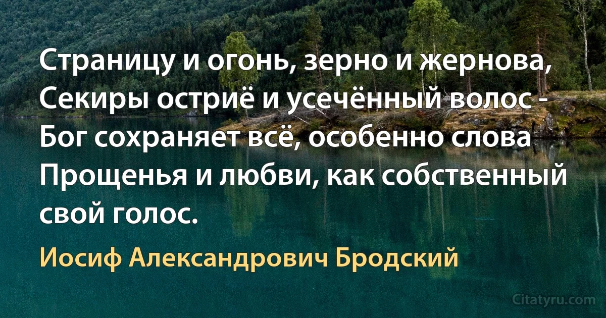 Страницу и огонь, зерно и жернова,
Секиры остриё и усечённый волос -
Бог сохраняет всё, особенно слова
Прощенья и любви, как собственный свой голос. (Иосиф Александрович Бродский)