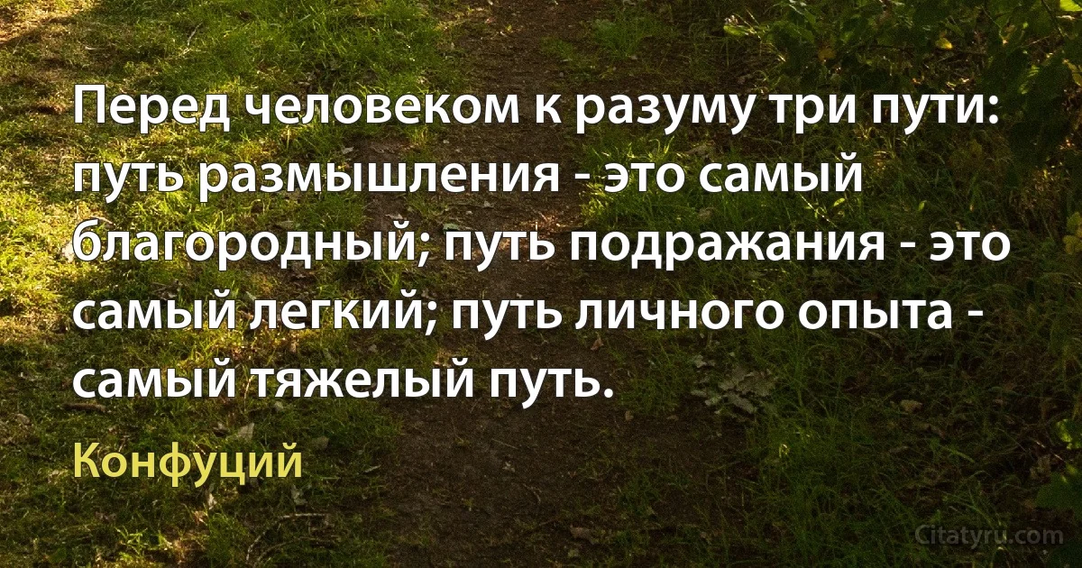 Перед человеком к разуму три пути: путь размышления - это самый благородный; путь подражания - это самый легкий; путь личного опыта - самый тяжелый путь. (Конфуций)