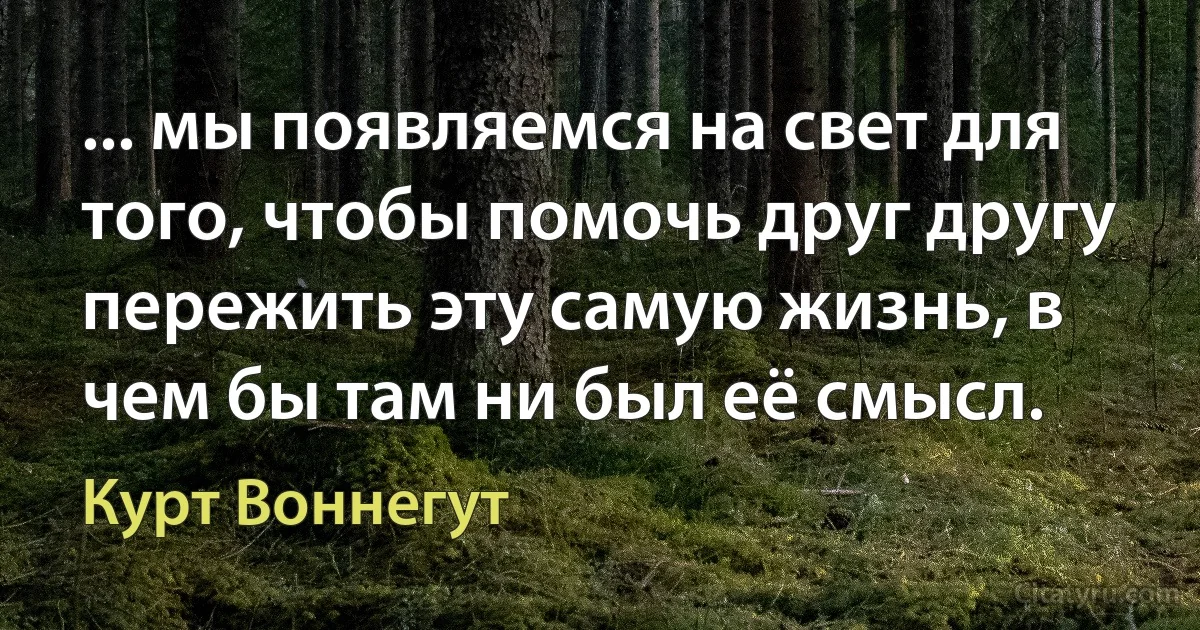 ... мы появляемся на свет для того, чтобы помочь друг другу пережить эту самую жизнь, в чем бы там ни был её смысл. (Курт Воннегут)