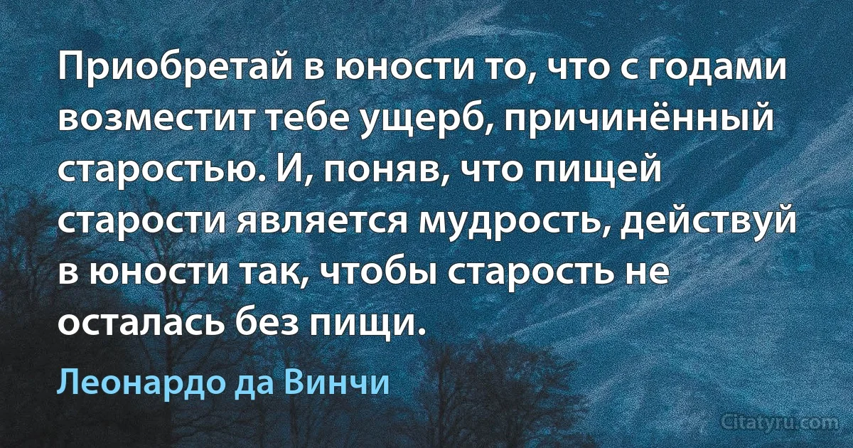 Приобретай в юности то, что с годами возместит тебе ущерб, причинённый старостью. И, поняв, что пищей старости является мудрость, действуй в юности так, чтобы старость не осталась без пищи. (Леонардо да Винчи)