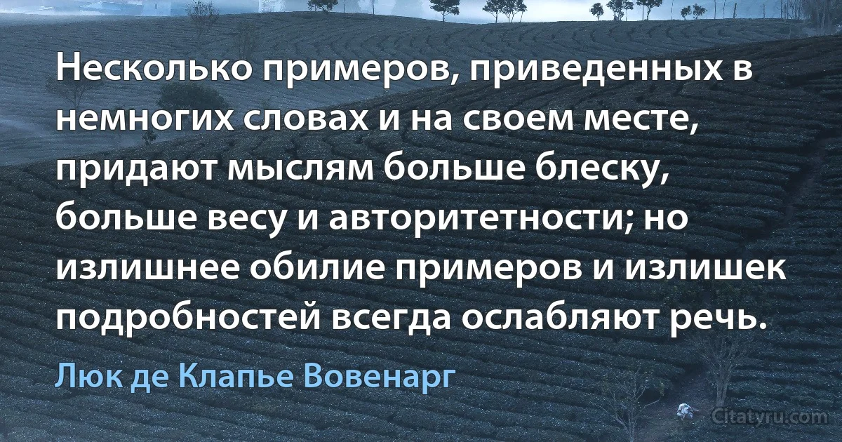 Несколько примеров, приведенных в немногих словах и на своем месте, придают мыслям больше блеску, больше весу и авторитетности; но излишнее обилие примеров и излишек подробностей всегда ослабляют речь. (Люк де Клапье Вовенарг)