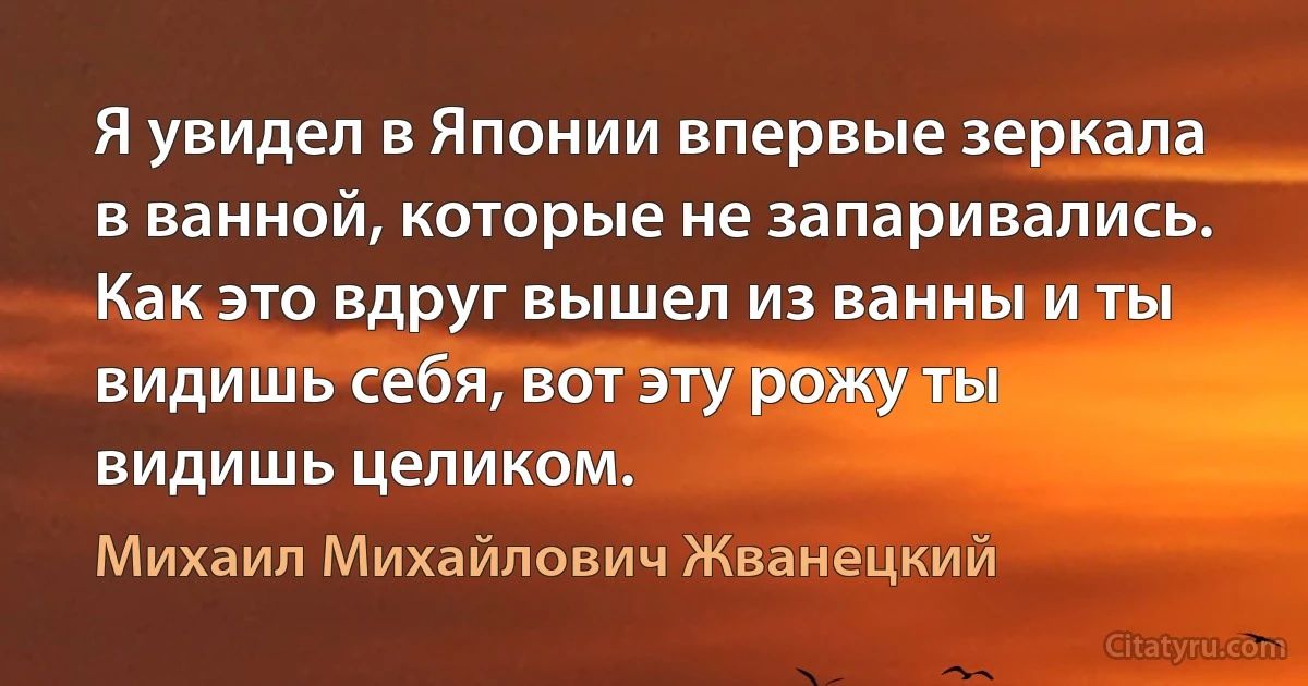 Я увидел в Японии впервые зеркала в ванной, которые не запаривались.
Как это вдруг вышел из ванны и ты видишь себя, вот эту рожу ты видишь целиком. (Михаил Михайлович Жванецкий)