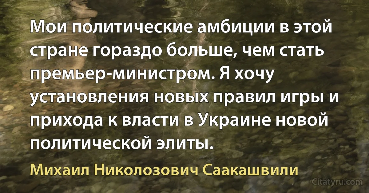 Мои политические амбиции в этой стране гораздо больше, чем стать премьер-министром. Я хочу установления новых правил игры и прихода к власти в Украине новой политической элиты. (Михаил Николозович Саакашвили)