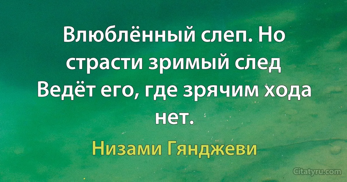 Влюблённый слеп. Но страсти зримый след
Ведёт его, где зрячим хода нет. (Низами Гянджеви)