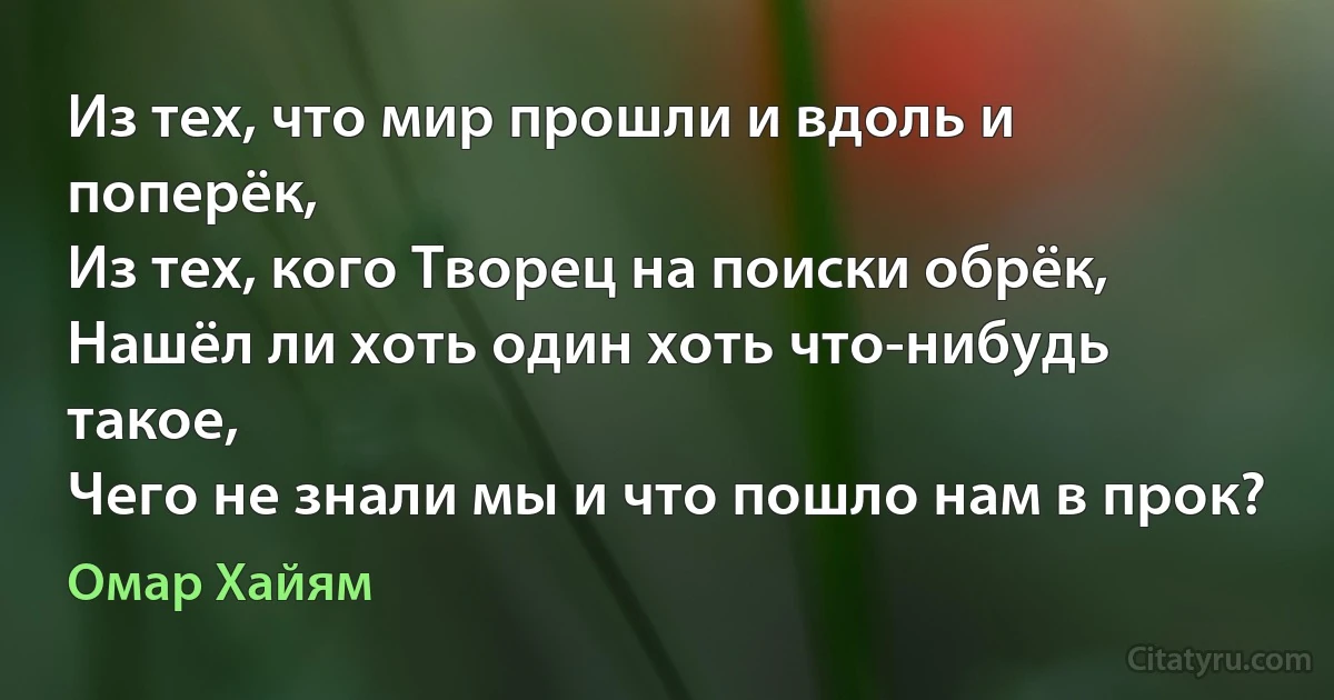 Из тех, что мир прошли и вдоль и поперёк,
Из тех, кого Творец на поиски обрёк,
Нашёл ли хоть один хоть что-нибудь такое,
Чего не знали мы и что пошло нам в прок? (Омар Хайям)