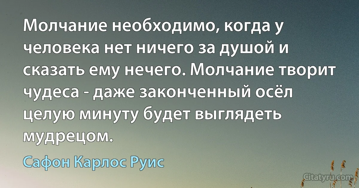 Молчание необходимо, когда у человека нет ничего за душой и сказать ему нечего. Молчание творит чудеса - даже законченный осёл целую минуту будет выглядеть мудрецом. (Сафон Карлос Руис)