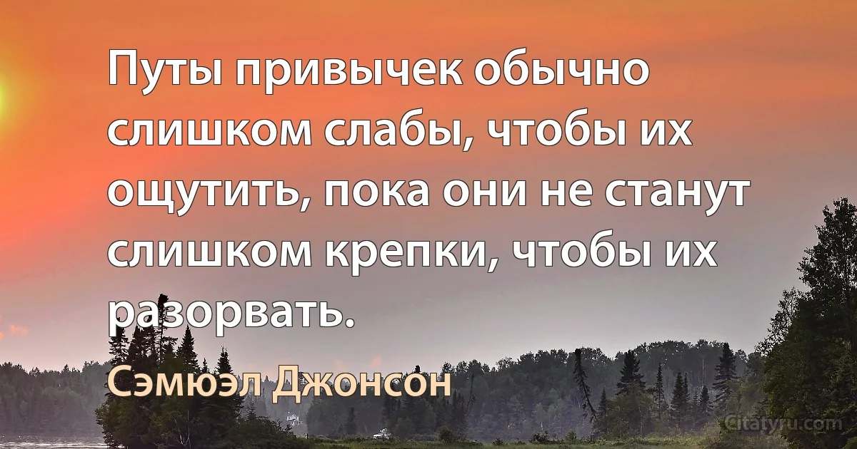 Путы привычек обычно слишком слабы, чтобы их ощутить, пока они не станут слишком крепки, чтобы их разорвать. (Сэмюэл Джонсон)