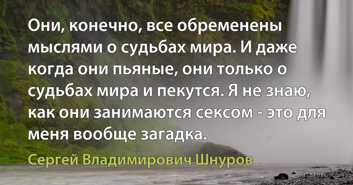 Они, конечно, все обременены мыслями о судьбах мира. И даже когда они пьяные, они только о судьбах мира и пекутся. Я не знаю, как они занимаются сексом - это для меня вообще загадка. (Сергей Владимирович Шнуров)