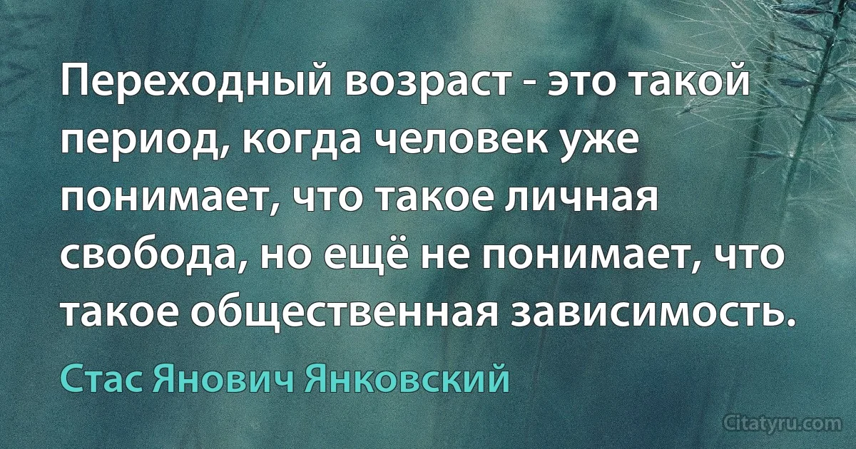 Переходный возраст - это такой период, когда человек уже понимает, что такое личная свобода, но ещё не понимает, что такое общественная зависимость. (Стас Янович Янковский)