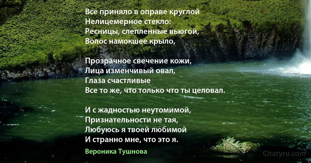 Все приняло в оправе круглой
Нелицемерное стекло:
Ресницы, слепленные вьюгой,
Волос намокшее крыло, 

Прозрачное свечение кожи, 
Лица изменчивый овал, 
Глаза счастливые 
Все то же, что только что ты целовал. 

И с жадностью неутомимой, 
Признательности не тая, 
Любуюсь я твоей любимой 
И странно мне, что это я. (Вероника Тушнова)