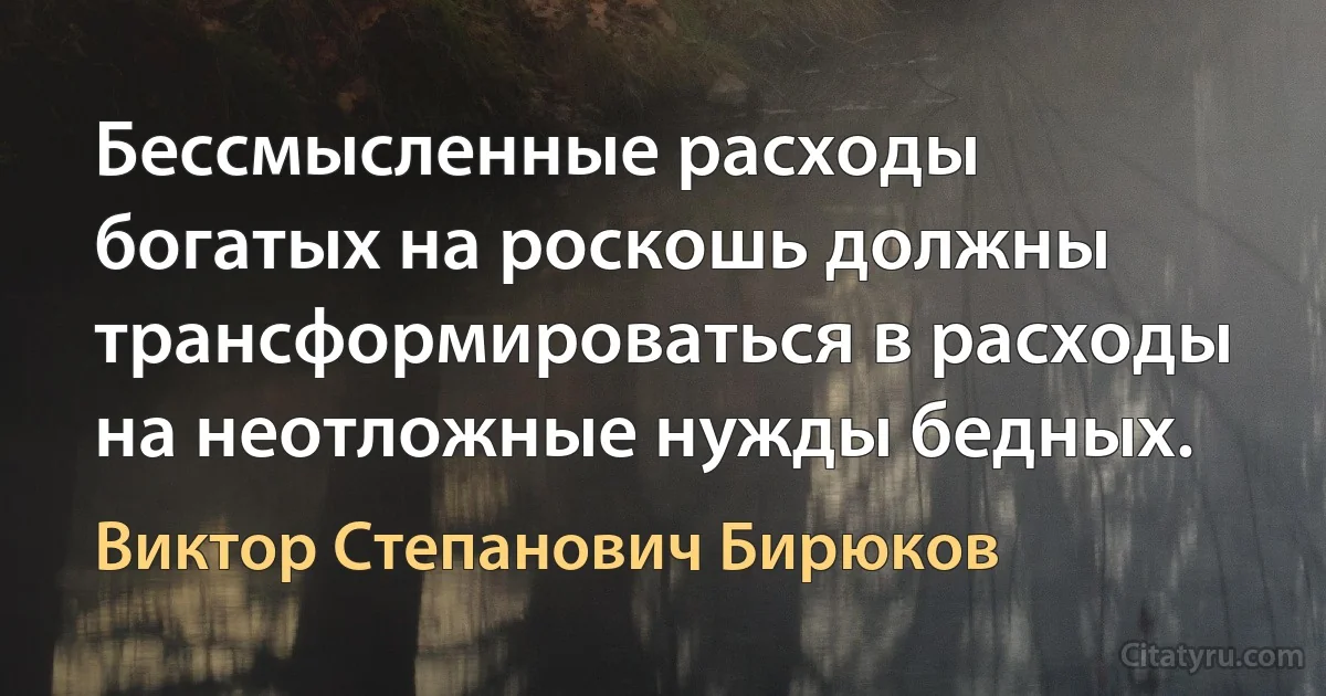 Бессмысленные расходы богатых на роскошь должны трансформироваться в расходы на неотложные нужды бедных. (Виктор Степанович Бирюков)