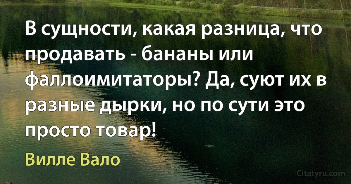 В сущности, какая разница, что продавать - бананы или фаллоимитаторы? Да, суют их в разные дырки, но по сути это просто товар! (Вилле Вало)