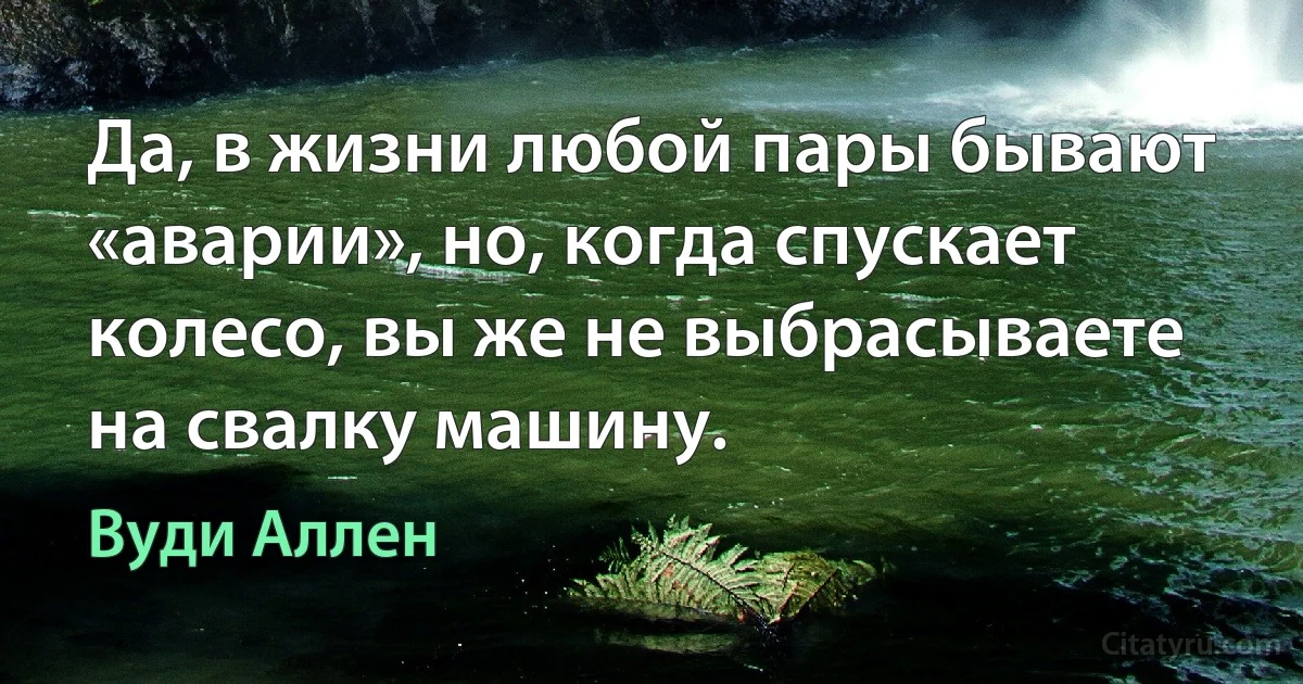 Да, в жизни любой пары бывают «аварии», но, когда спускает колесо, вы же не выбрасываете на свалку машину. (Вуди Аллен)