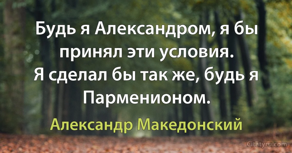 Будь я Александром, я бы принял эти условия.
Я сделал бы так же, будь я Парменионом. (Александр Македонский)